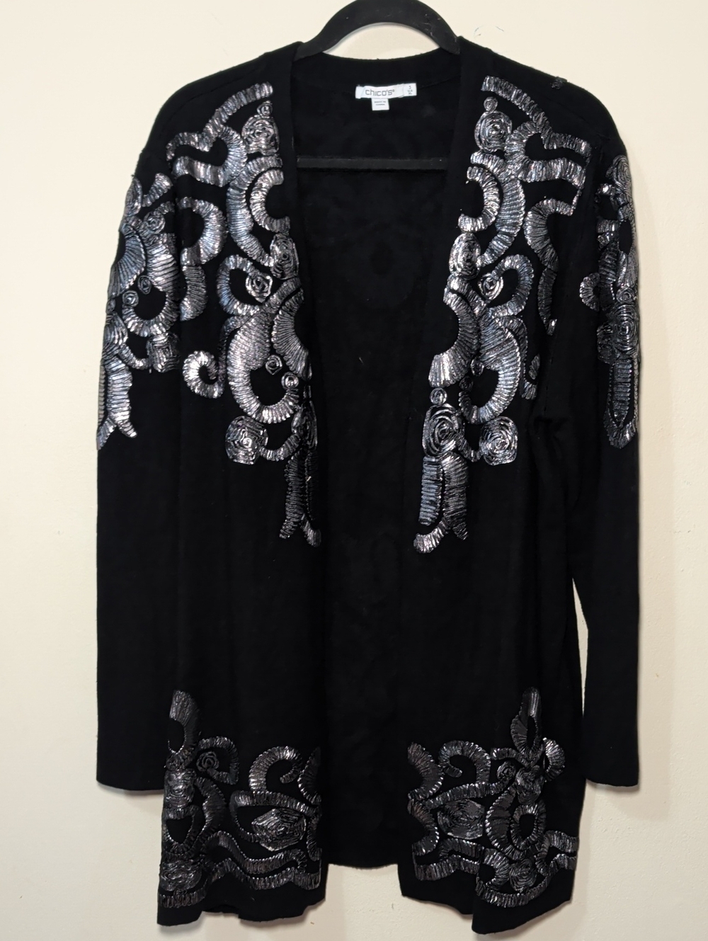 Chico's Foil Soutache Cardigan Sweater Open Front Black Metallic Women's Size XL